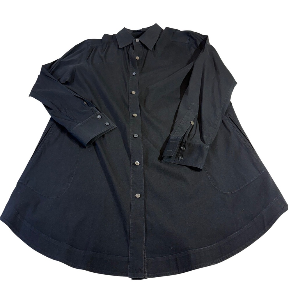 Lafayette 148 Cotton Blend Tunic Shirt 6 Black Button Front Pockets